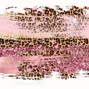 May include: Abstract digital paper with a pink, gold, and brown leopard print pattern. The pattern includes pink hearts and glitter accents.