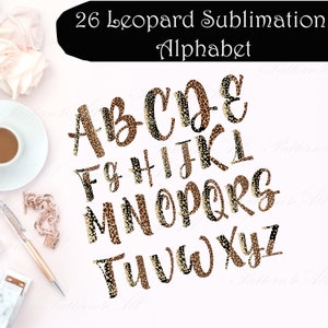 Alfabeto de sublimación de brillo y leopardo, clipart de alfabeto, alfabeto PNG de leopardo, leopardo prediseñado, diseño de letras de guepardo, uso comercial