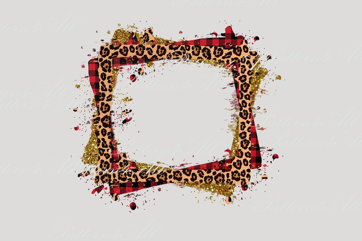 Cadre à carreaux de Noël PNG, Léopard, Paillettes d’or, Cadre à carreaux de Noël, Design de cadre transparent, Impression à carreaux Buffalo, Sublimation en détresse PNG
