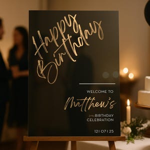 以下が含まれることがあります： 「Happy Birthday」と「Matthew's 27th Birthday Celebration」と金色の文字で書かれた黒い看板。背景には、ろうそくの灯った白いケーキと風船があります。