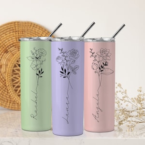 Mother's Day  Gift 2024 Birth Flower Tumbler Custom  Personalized Name Tumbler, Aesthetics Birthday Flower Birth Month  20 Oz Skinny Floral