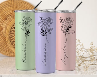 Birth Flower Tumbler, Personalized Tumbler, Custom Tumbler 20 Oz, Birthday Gift for Her, Skinny Tumbler Cup for Women, Personalized Gifts