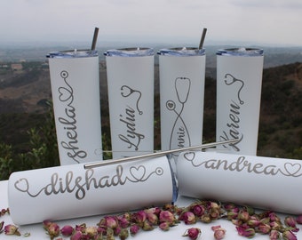 Nurse Gifts, Doctor Skinny Tumbler Personalized Tumbler w/ Straw Nurse Assistant Water Bottle, RN Nursing Student Gifts