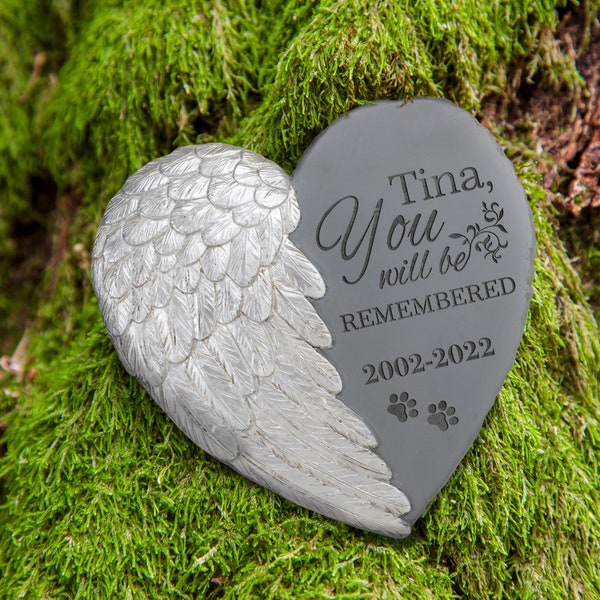 Personalized Dog Memorial Stone with Angel Wings Pet Memorial Heart Rock Pet Grave Marker Pet Headstone Dog  Stone Garden Weatherproof