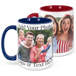 May include: White ceramic mug with a blue interior and a red handle. The mug features a photo of a family of four with the text "Add Your Photo Logo & Text Here".