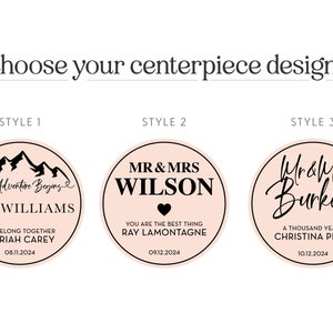 May include: Three different styles of wedding centerpiece designs. The first style features a mountain range with the text "Our Adventure Begins" and "The Williams". The second style features a heart with the text "Mr & Mrs Wilson" and "You are the best thing Ray Lamontagne". The third style features a cursive font with the text "Mr & Mrs Burkes" and "A Thousand Years Christina Perri".