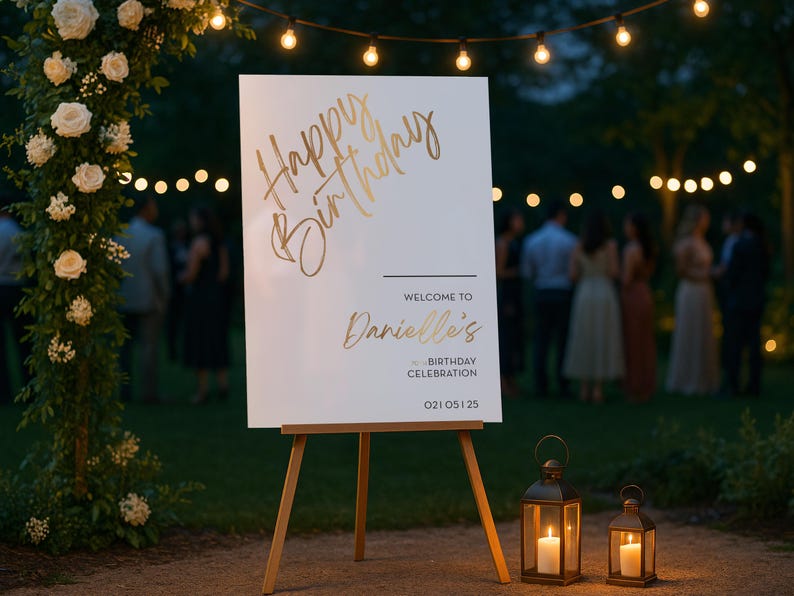 以下が含まれることがあります： 「Happy Birthday」と「Welcome to Danielle's Birthday Celebration」と金色の文字で書かれた、木製のイーゼルに立てられた白い看板。2つのライトアップされたランタンが看板の両側にあり、背景には花のアーチとストリングライトがあります。