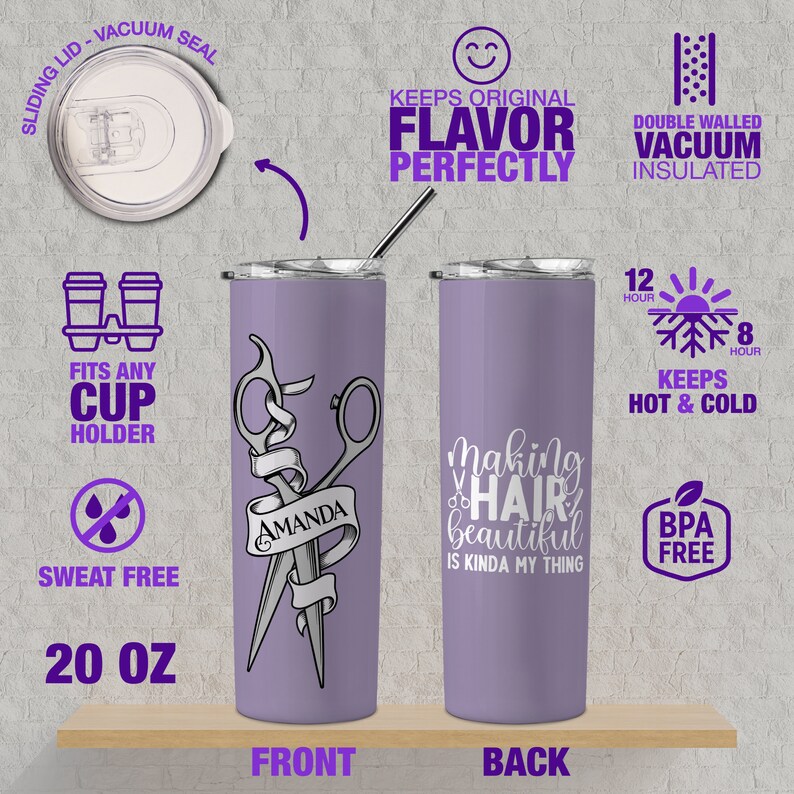 May include: A 20 ounce purple stainless steel tumbler with a double-walled vacuum insulated design. The front of the tumbler features a pair of scissors with the word "Amanda" on the ribbon. The back of the tumbler has the text "Making Hair Beautiful is Kinda My Thing".