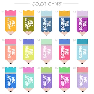May include: Color chart with 15 different colored pencil designs. Each pencil has a silver band and the text "MRS. WATSON" written on it. The colors are: pink, yellow, blue, purple, orange, light pink, light blue, green, light green, teal, turquoise, hot pink, light purple, mint green, and lavender.