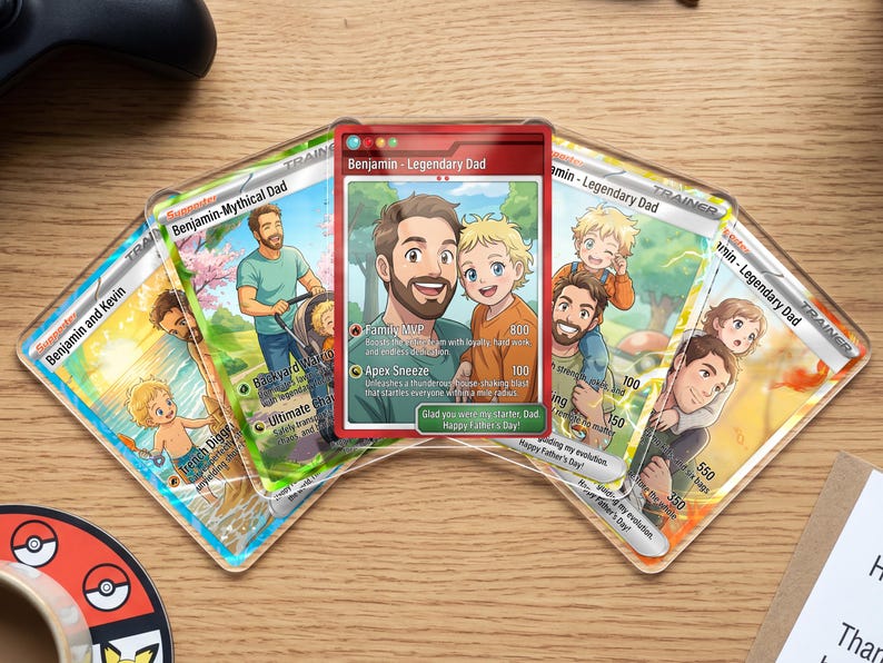 May include: A collection of personalized trading cards featuring illustrations of a father and child. The cards have a transparent border and include text such as "Benjamin - Legendary Dad" and "Happy Father's Day". The cards are arranged on a wooden surface.