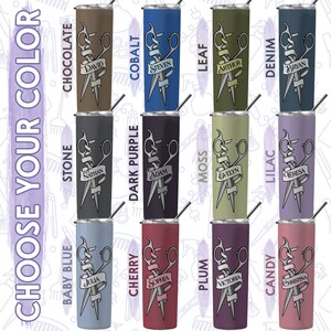May include: A set of 12 personalized stainless steel tumblers with various colors and names. Each tumbler features a pair of scissors and a ribbon with a name on it.