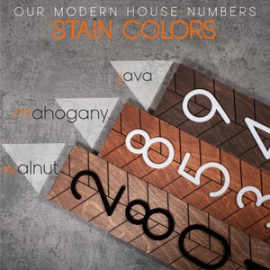 May include: Close-up of four wooden house number signs with different stain colours. The signs are arranged in a staggered pattern, with the top sign showing the stain colour "Java" and the bottom sign showing the stain colour "Walnut". The numbers on the signs are 8, 5, 2, and 0.