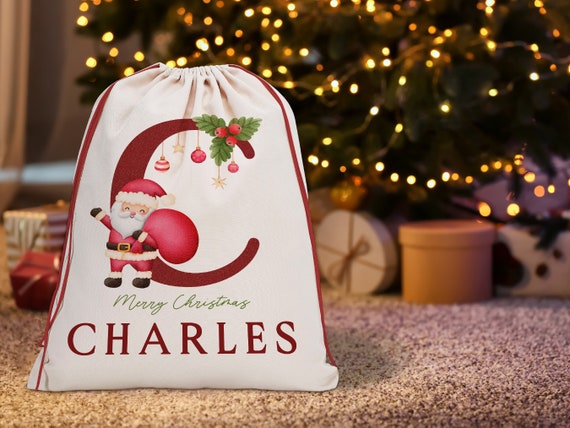 Sack Monogram Christmas Sack, Hessian fabric Sack, Santa Sack, Stocking Red personalize, Child Xmas, Personalize jute Gift Personalized Sack