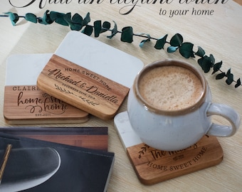 Coasters Personalized, Custom Engraved Marble Wood Coasters, Coaster Set, New Home Gift, Housewarming Gifts, Wedding Gift Bridal Shower Gift
