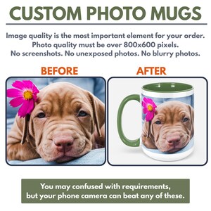 May include: Before and after image showing the difference in image quality for a custom photo mug. The before image is blurry and the after image is clear and sharp. The mug is white with a green rim and handle. The image on the mug is of a brown puppy with a pink flower on its head.
