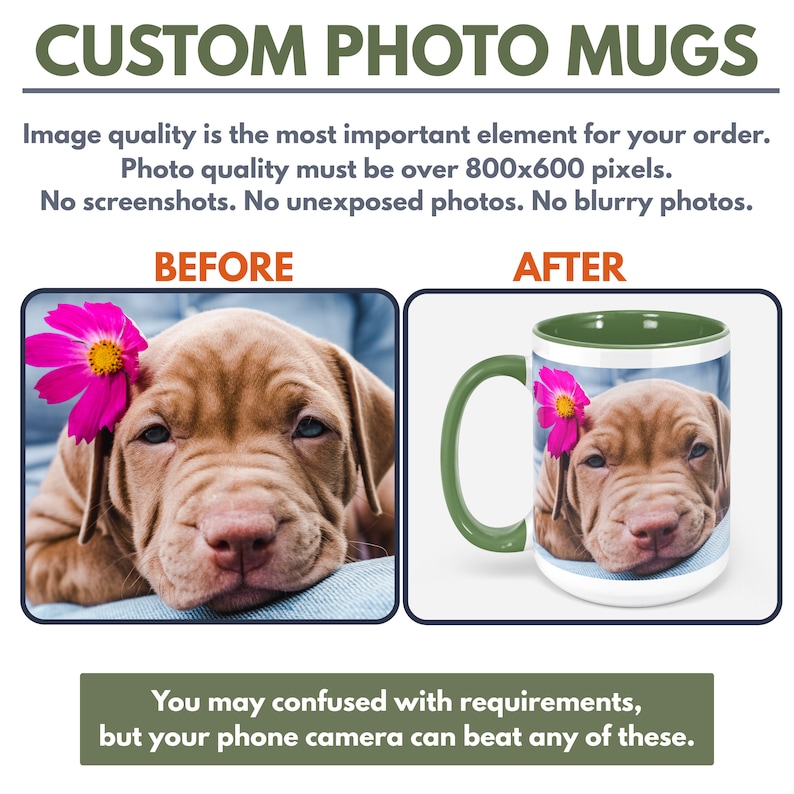 May include: Before and after image showing the difference in image quality for a custom photo mug. The before image is blurry and the after image is clear and sharp. The mug is white with a green rim and handle. The image on the mug is of a brown puppy with a pink flower on its head.