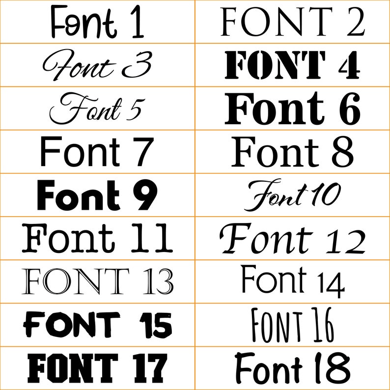 May include: A chart showing 18 different font styles. The fonts are numbered 1 through 18. Some fonts are bold, some are italic, and some are a combination of both.