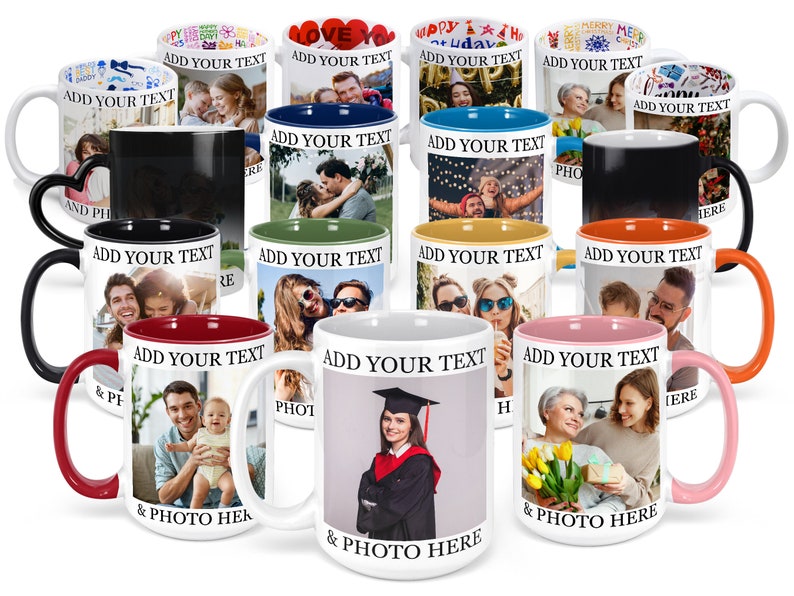 May include: Set of 12 white ceramic mugs with color accents. Each mug features a different photo and the text "Add Your Text & Photo Here".