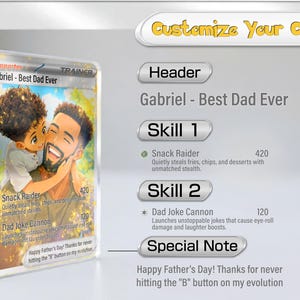 Pode incluir: Um cart&atilde;o colecion&aacute;vel personalizado com uma ilustra&ccedil;&atilde;o de um pai e filho. O cart&atilde;o diz "Gabriel - Best Dad Ever" e inclui habilidades como "Snack Raider" e "Dad Joke Cannon". Um presente para o Dia dos Pais.