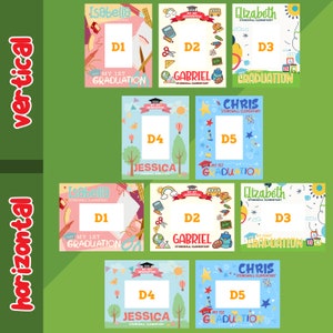 May include: A set of ten printable graduation photo frames with colourful backgrounds and illustrations. The frames are labelled D1 through D5 and feature text such as "My 1st Graduation" and "Stonewall Elementary".