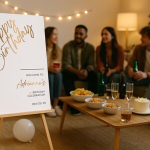 以下が含まれることがあります： 「Happy Birthday」と「Welcome to Adrienne's 30th Birthday Celebration」と金色の文字で書かれた、木製のイーゼルに立てられた白い看板。背景には、テーブルに軽食や飲み物がある人々のグループがいます。