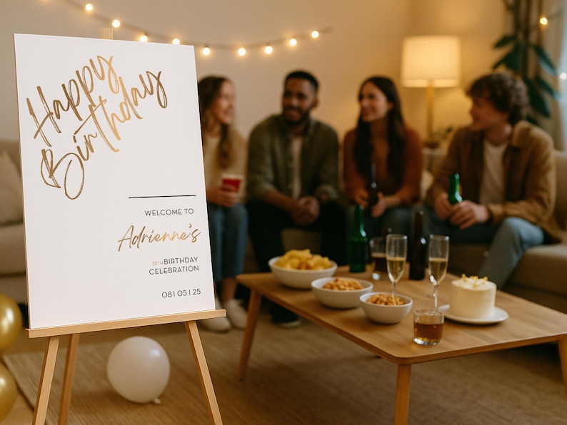 以下が含まれることがあります： 「Happy Birthday」と「Welcome to Adrienne's 30th Birthday Celebration」と金色の文字で書かれた、木製のイーゼルに立てられた白い看板。背景には、テーブルに軽食や飲み物がある人々のグループがいます。