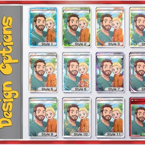 Pode incluir: Uma cole&ccedil;&atilde;o de doze designs de cartas colecion&aacute;veis com uma ilustra&ccedil;&atilde;o de desenho animado de um homem e uma crian&ccedil;a. Cada carta tem um fundo e uma moldura &uacute;nicos. O texto "Design Options" &eacute; exibido verticalmente &agrave; esquerda, com os n&uacute;meros de estilo abaixo.