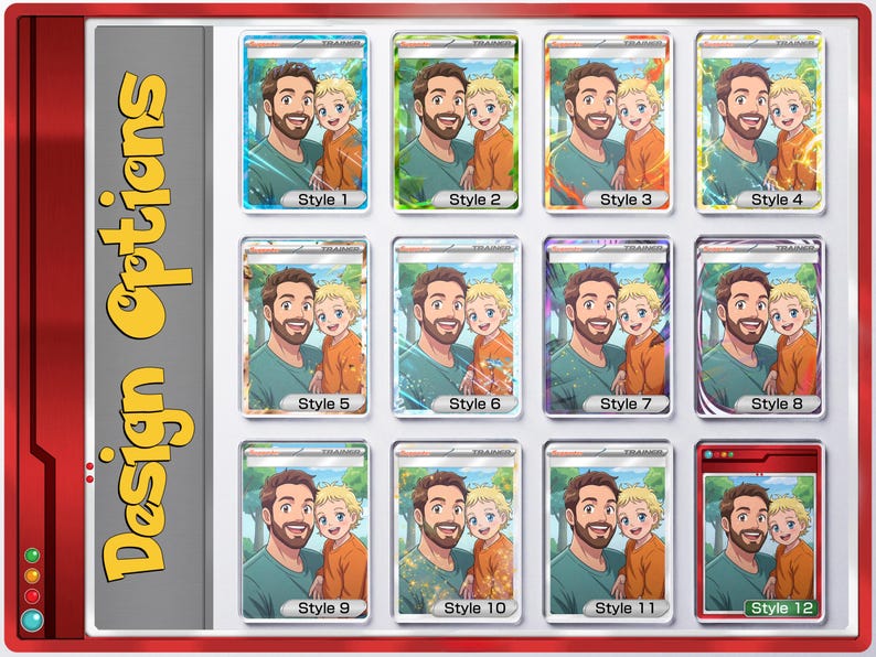 Pode incluir: Uma cole&ccedil;&atilde;o de doze designs de cartas colecion&aacute;veis com uma ilustra&ccedil;&atilde;o de desenho animado de um homem e uma crian&ccedil;a. Cada carta tem um fundo e uma moldura &uacute;nicos. O texto "Design Options" &eacute; exibido verticalmente &agrave; esquerda, com os n&uacute;meros de estilo abaixo.