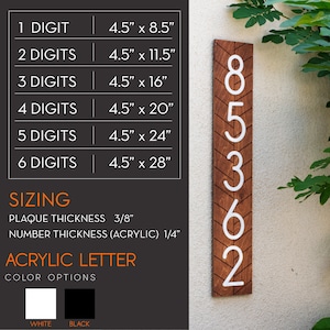 May include: A wooden plaque with white acrylic numbers 85362. The plaque is 4.5 inches wide and comes in various lengths depending on the number of digits. The plaque thickness is 3/8 inch and the number thickness is 1/4 inch. The numbers can be white or black.