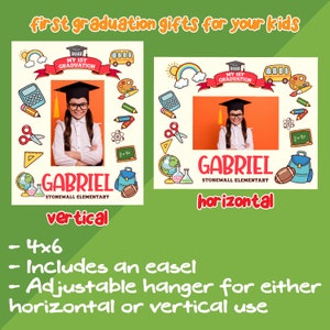 May include: A 4x6 inch graduation photo frame with a colourful cartoon design. The frame is available in both vertical and horizontal orientations. It includes an easel and an adjustable hanger.