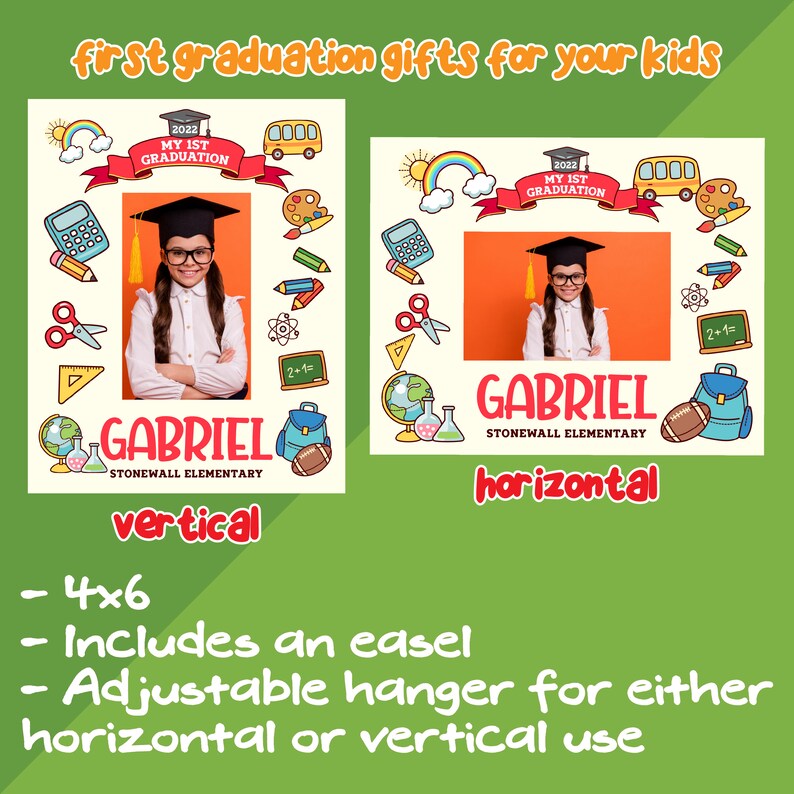 May include: A 4x6 inch graduation photo frame with a colourful cartoon design. The frame is available in both vertical and horizontal orientations. It includes an easel and an adjustable hanger.