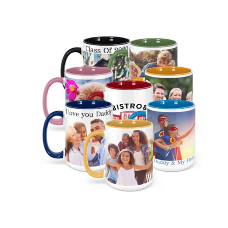 May include: Set of 10 ceramic coffee mugs with different colored rims and personalized photo designs. The mugs feature various images, including a graduation cap, a family portrait, a superhero, and a bistro logo.
