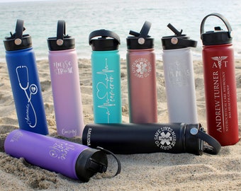 Personalized Water Bottle w Logo or Design, Straw Lid • Custom Water Bottle • Personalized Gifts • Engraved Stainless Steel Name Bottle