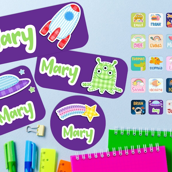 Back to School, 80 PCs Labels for Kids Personalized, 20 Designs, 4 Shapes, Custom Waterproof Stickers for Lunch Boxes, Water Bottle, Unicorn