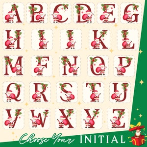 May include: A colorful alphabet chart featuring each letter of the alphabet with a Santa Claus holding a red bag. Each letter is surrounded by a white border with a dotted line. The letters are red and the background is a light beige color. The text "Choose Your Initial" is at the bottom of the chart.