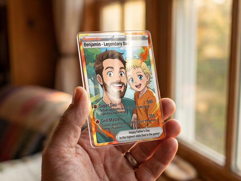Pode incluir: Um cart&atilde;o colecion&aacute;vel personalizado com uma ilustra&ccedil;&atilde;o de desenho animado de um pai e uma crian&ccedil;a. O cart&atilde;o diz "Benjamin - Legendary Dad" e inclui texto como "Super Dad" e "Grill Master". O cart&atilde;o &eacute; segurado em frente a uma janela.