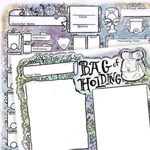 May include: A printable character sheet for a tabletop role-playing game. The sheet is designed to look like a bag with the words "BAG of HOLDING" written on it. The sheet includes spaces for character name, class, species, level, experience points, personality traits, and stats.