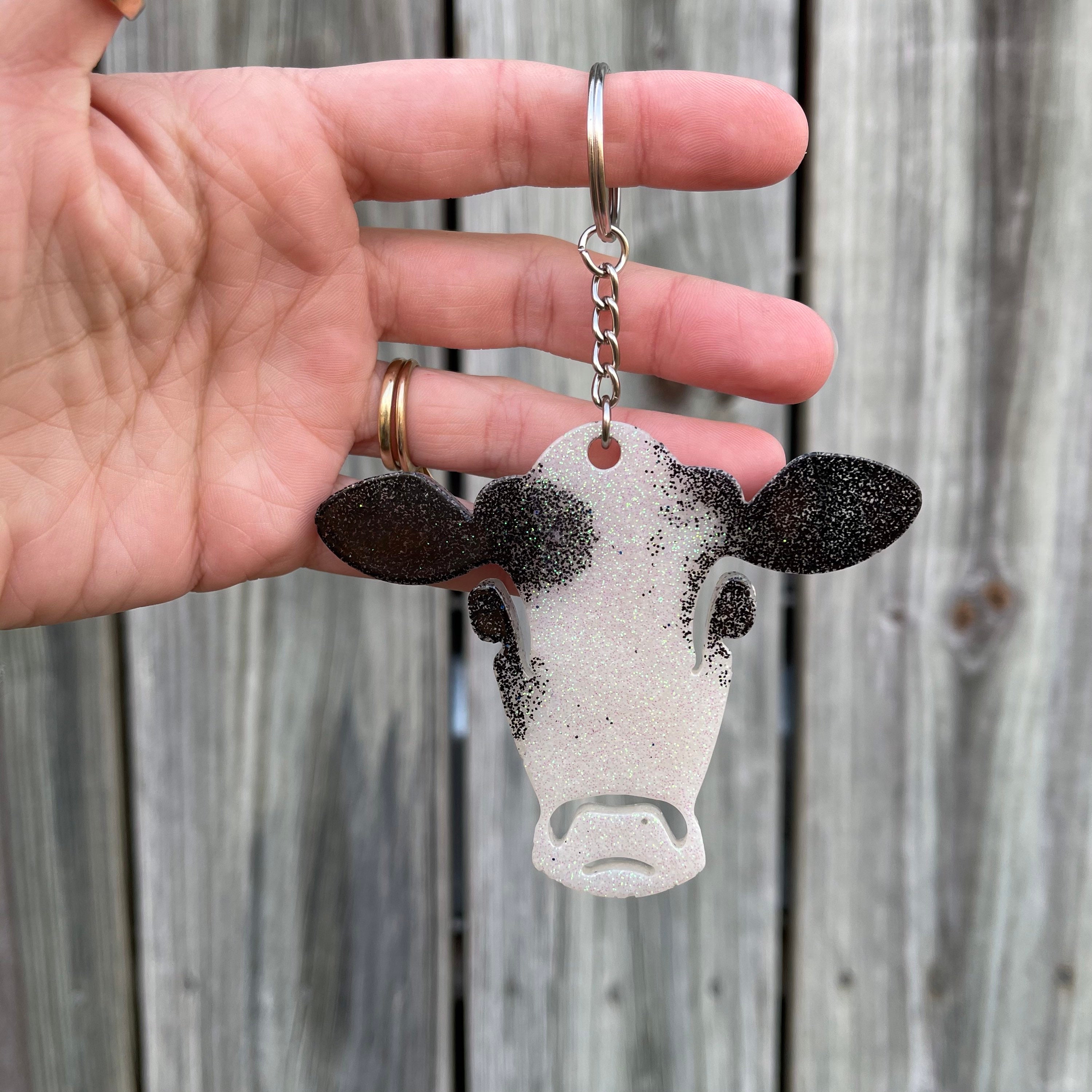 Resin black and white cow head keychain spotted glitter Etsy