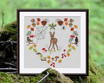 Cross stitch pattern heart with deer instructions for embroidery