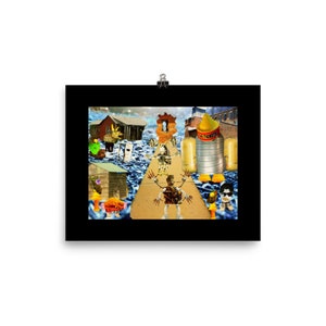 May include: A collage of various images, including a building, a baby bottle, a person, and a wooden path. The images are arranged in a way that creates a surreal and whimsical scene.