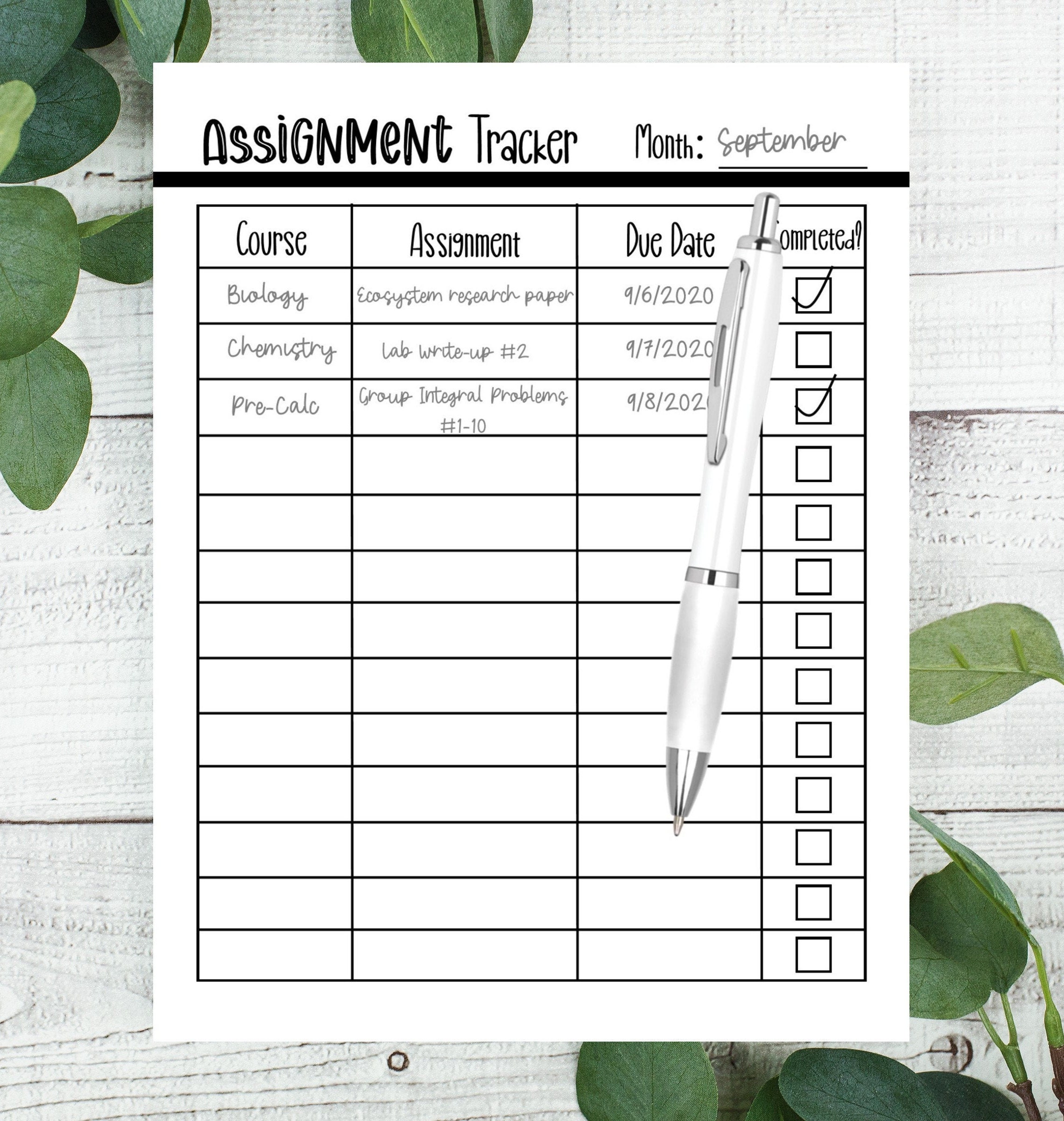 printable assignment tracker