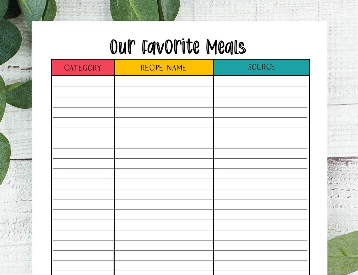 Our Favorite Meals Printable Meal Ideas Printable Menu | Etsy