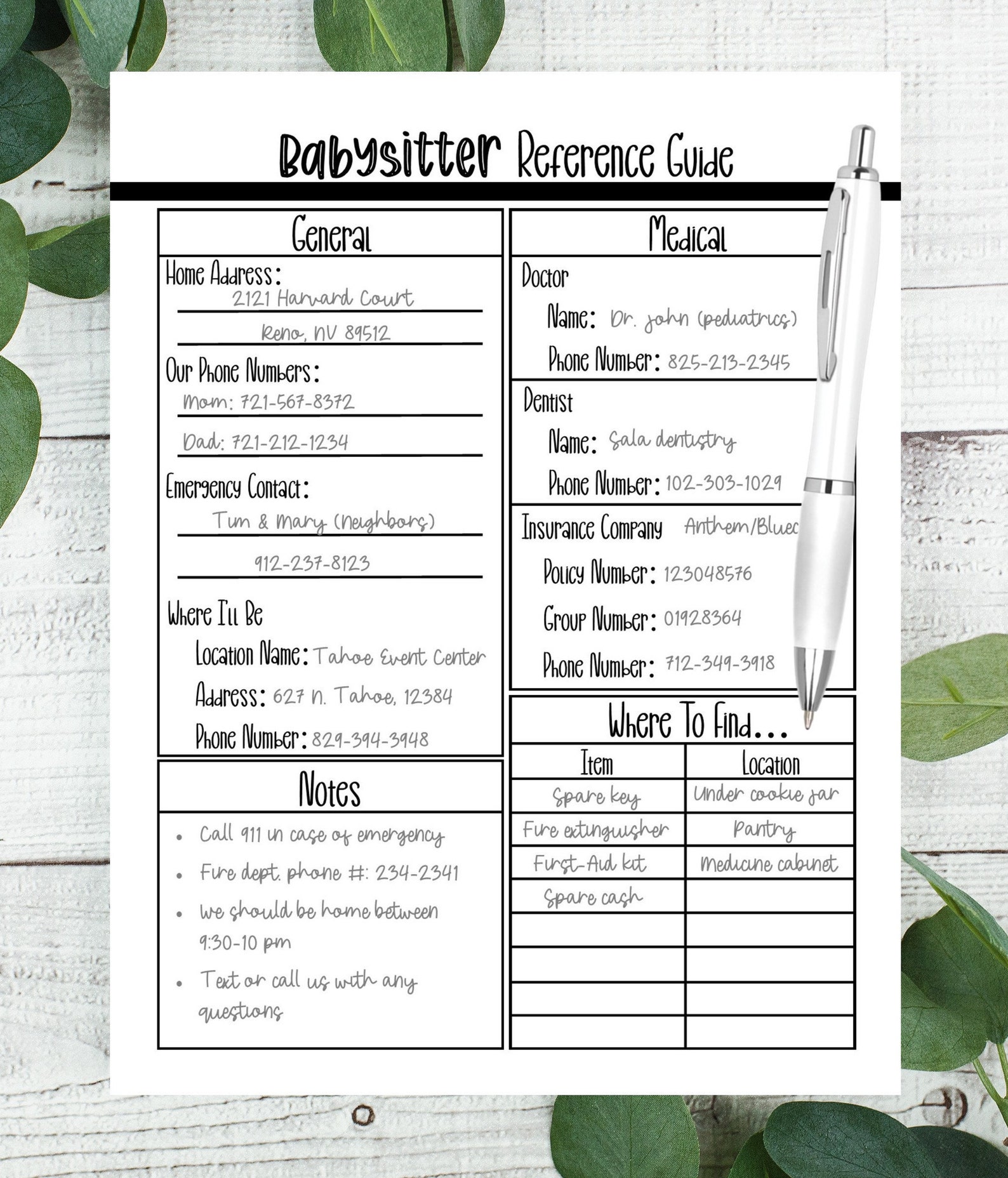 babysitter reference guide printable emergency contact