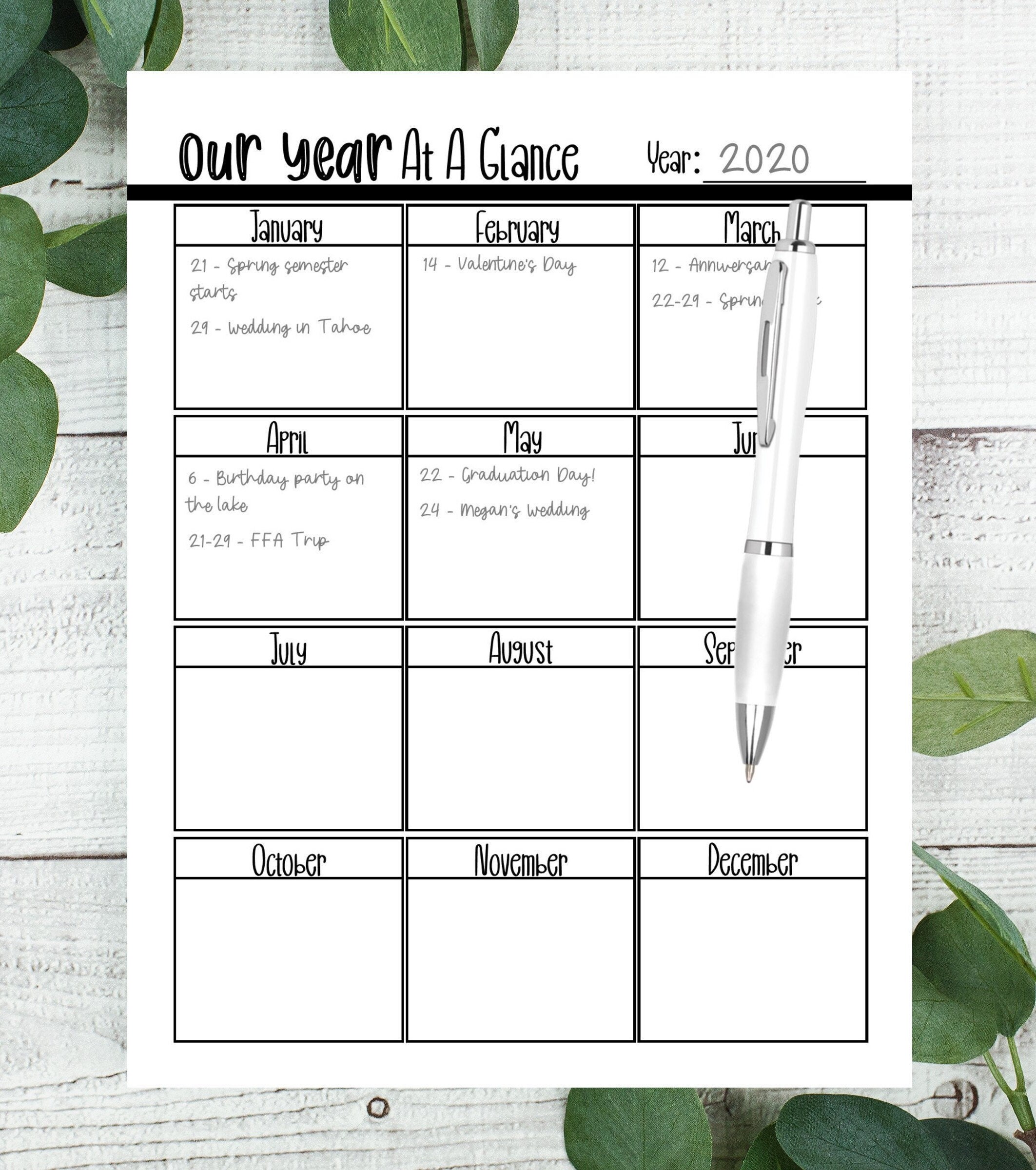 Year At A Glance Calendar Printable Printable Calendar Etsy