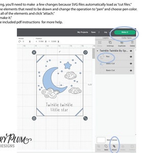 May include: A screen shot of a design program showing a design of a crescent moon, clouds, and stars with the text "Twinkle twinkle little star". The design is on a grid with a ruler on the side. The design is selected and the "Make It" button is highlighted.
