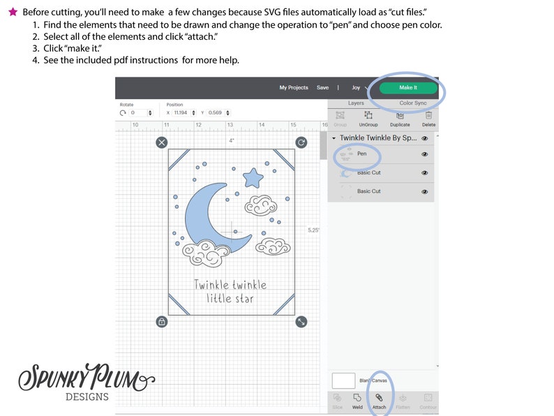 May include: A screen shot of a design program showing a design of a crescent moon, clouds, and stars with the text "Twinkle twinkle little star". The design is on a grid with a ruler on the side. The design is selected and the "Make It" button is highlighted.