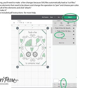 May include: A computer screen showing a design for a baby card with a stroller and the words "peek-a-boo" and "to someone new!" The design is on a grid and the screen shows options for "pen" and "attach" in a menu.