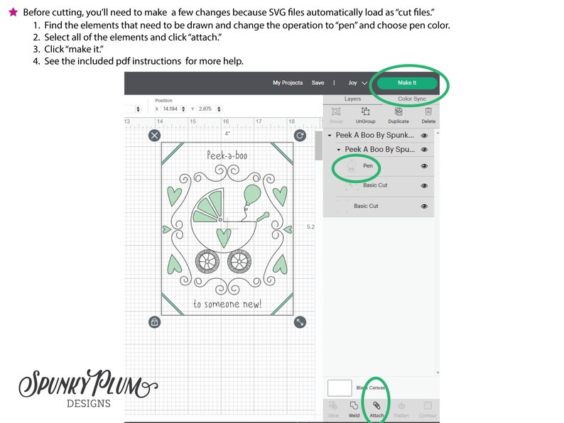 May include: A computer screen showing a design for a baby card with a stroller and the words "peek-a-boo" and "to someone new!" The design is on a grid and the screen shows options for "pen" and "attach" in a menu.