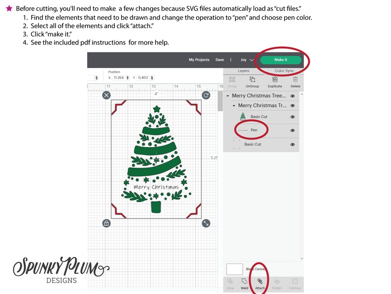 Peut inclure: Un &eacute;cran d'ordinateur affichant un motif d'un sapin de No&euml;l vert avec les mots "Merry Christmas" &agrave; l'int&eacute;rieur de l'arbre. Le motif est sur une grille et il y a des boutons pour "Make It", "Attach" et "Pen" sur l'&eacute;cran.