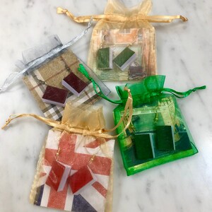Op de afbeelding: Vier kleine organza zakjes, elk met een paar oorbellen in de vorm van een boek. De zakjes zijn in zilver, goud en groen, met de oorbellen in rood, groen en bruin. De zakjes hebben verschillende bedrukte achtergronden.